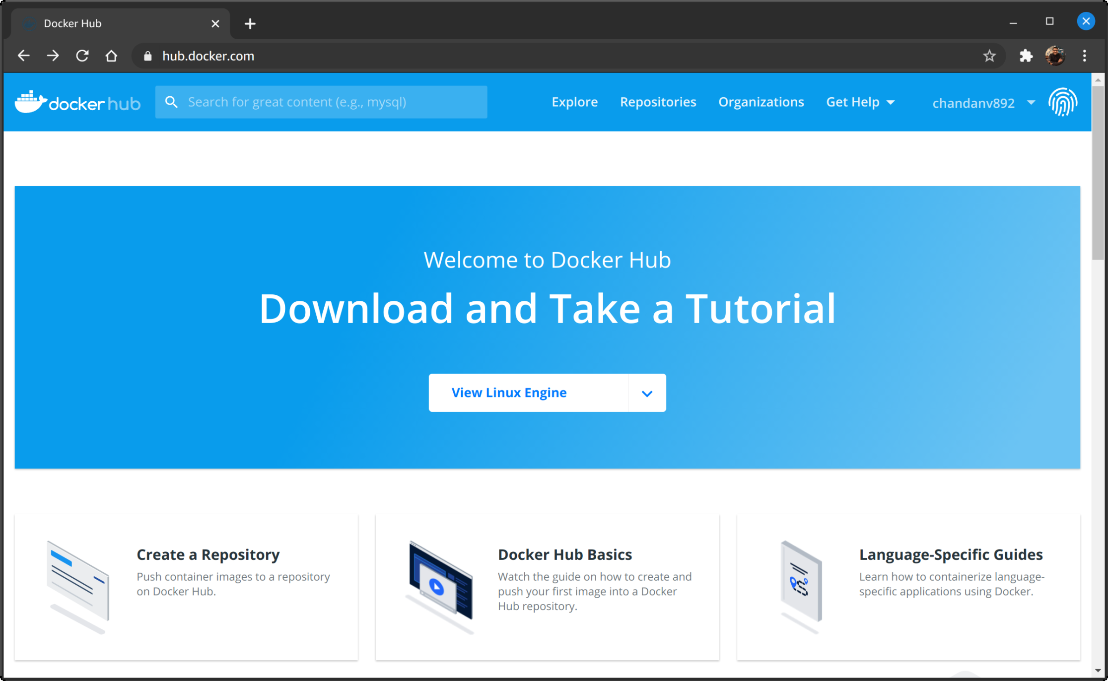 Default Landing Page at https://hub.docker.com